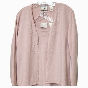 Emma James Cardigan 2 Piece Sweater Set Womens Med Large Embroidered Beads Pink
